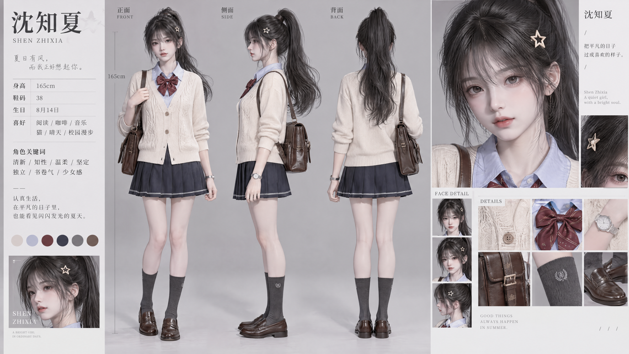 5种风格少女OC设定提示词：从学院风到轻奇幻，解锁专属角色三视图 · 学院风少女·沈知夏