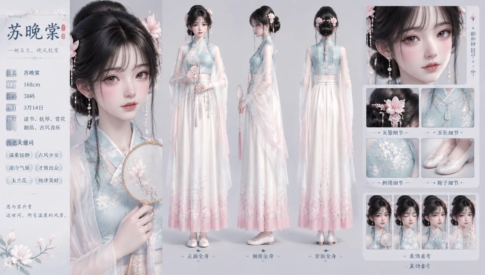 5种风格少女OC设定提示词：从学院风到轻奇幻，解锁专属角色三视图 · 温柔国风少女·苏晚棠