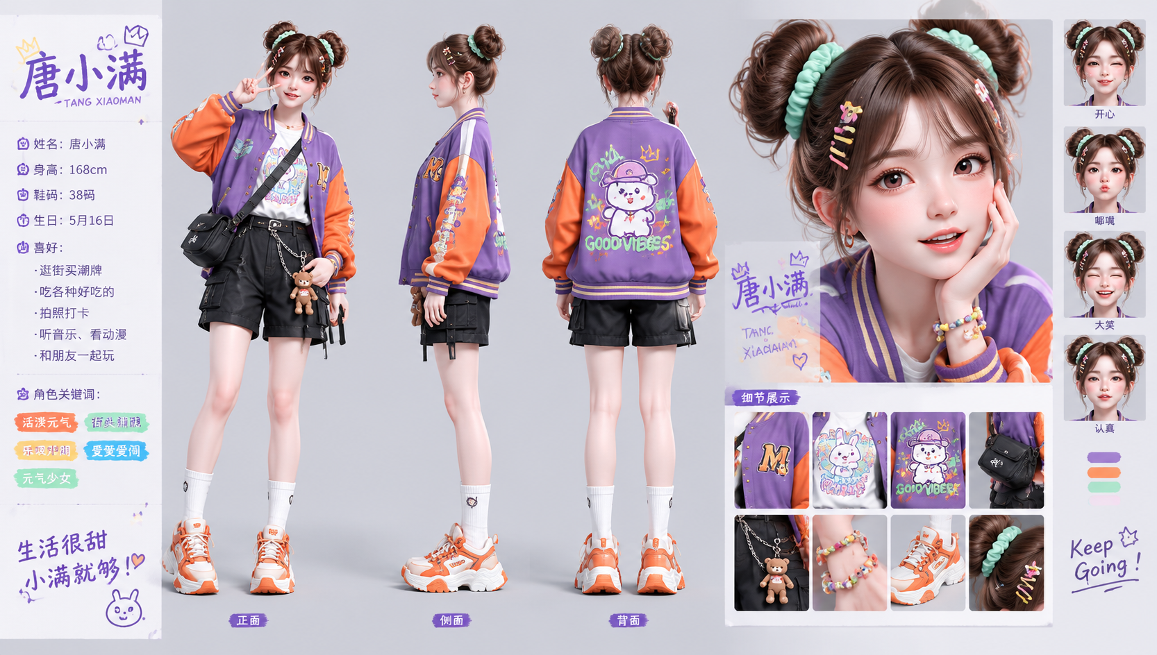 5种风格少女OC设定提示词：从学院风到轻奇幻，解锁专属角色三视图 · 街头潮流少女·唐小满
