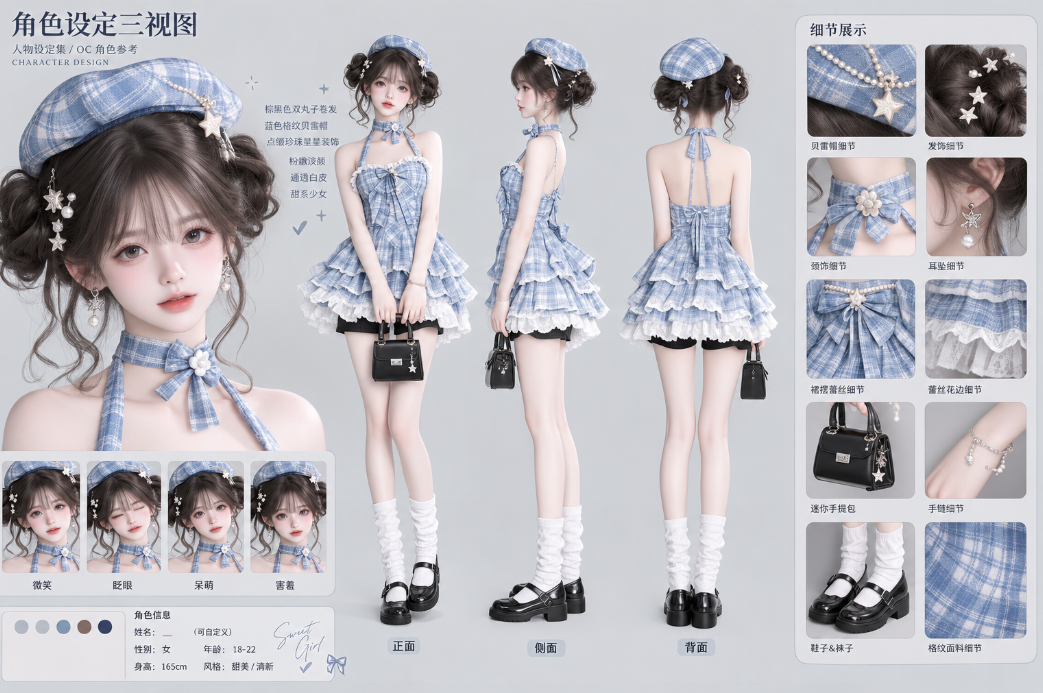 可爱甜美风格｜女主角色三视图穿搭设定 · 1