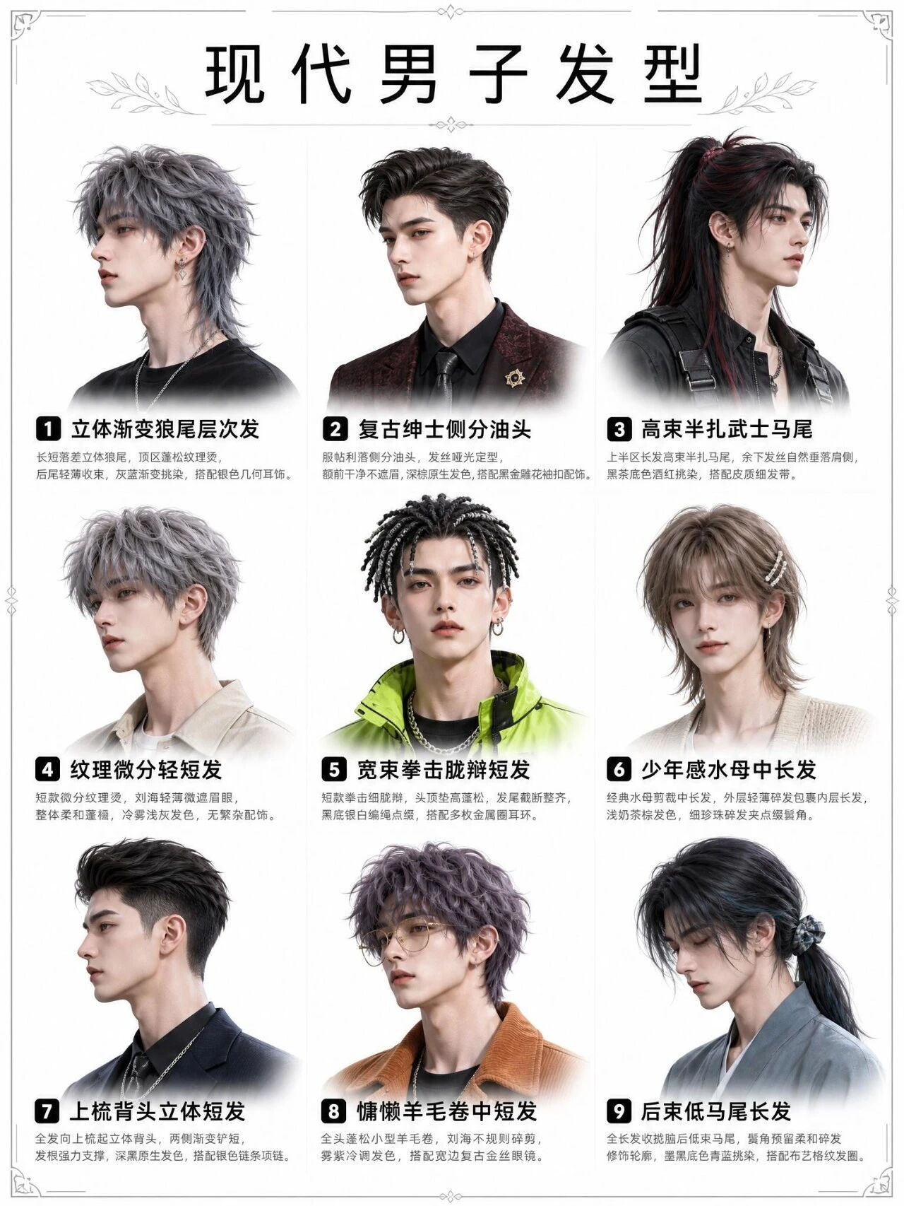 AI漫剧提示词｜54种现代男主发型提示词大全，直接复制套用 · 46–54