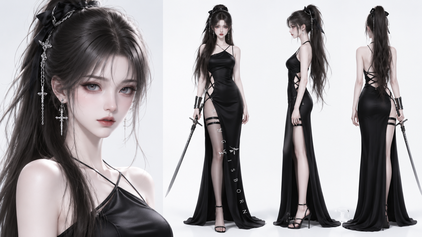 冷艳感直接拉满！4套AI漫剧女主人设三视图分享 · 3 暗黑高冷长裙风