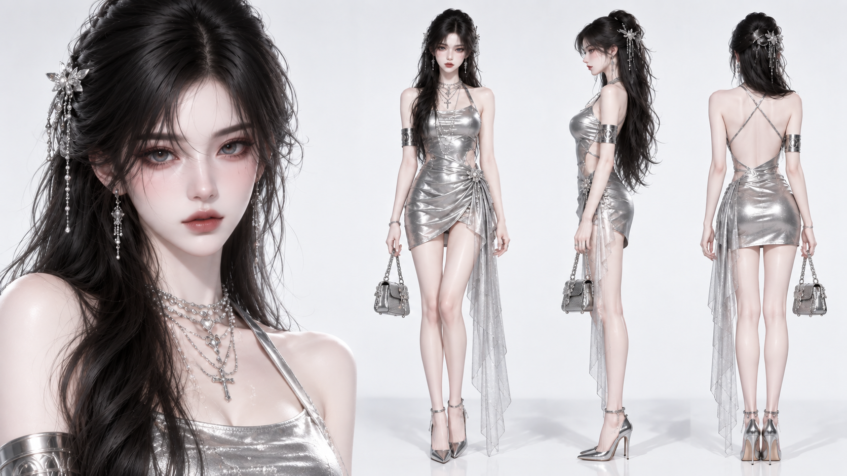 冷艳感直接拉满！4套AI漫剧女主人设三视图分享 · 4 银色未来千金风