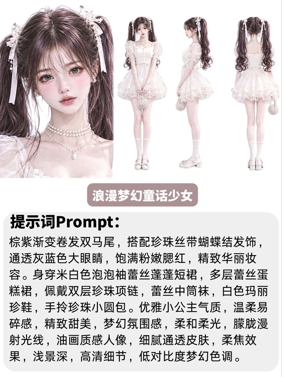 谁能拒绝甜妹！私藏的4组甜美感漫剧女主角色设定图（附完整提示词） · 浪漫梦幻童话少女