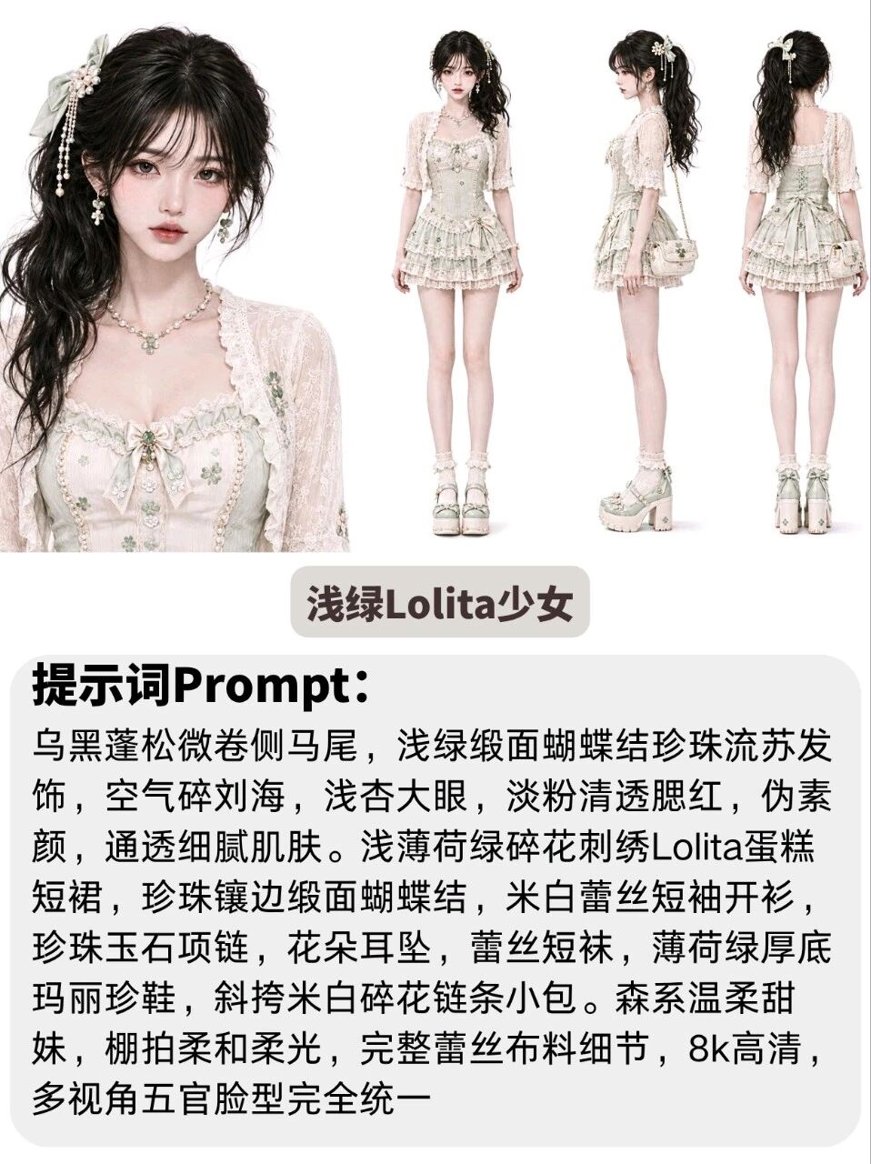 谁能拒绝甜妹！私藏的4组甜美感漫剧女主角色设定图（附完整提示词） · 浅绿Lolita少女